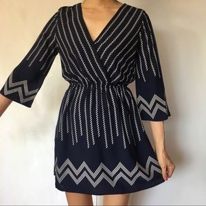 NEW flattening dark blue navy stripe geo dot print wrap design dress S